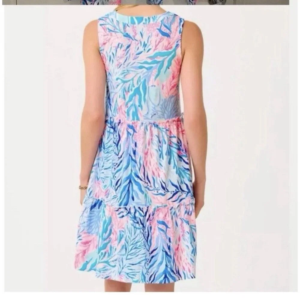 Lilly Pulitzer Lorina Swing Dress Crew Blue Tint Kaleidoscope Coral Size S NWT - Picture 2 of 9
